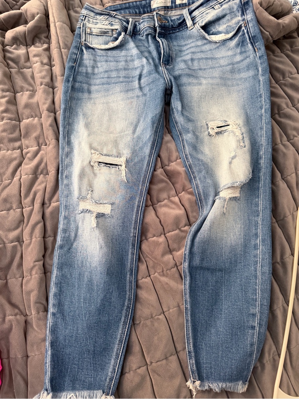 KanKan Light Wash Distressed Women’s Jeans - Blue - mid rise ankle skinny